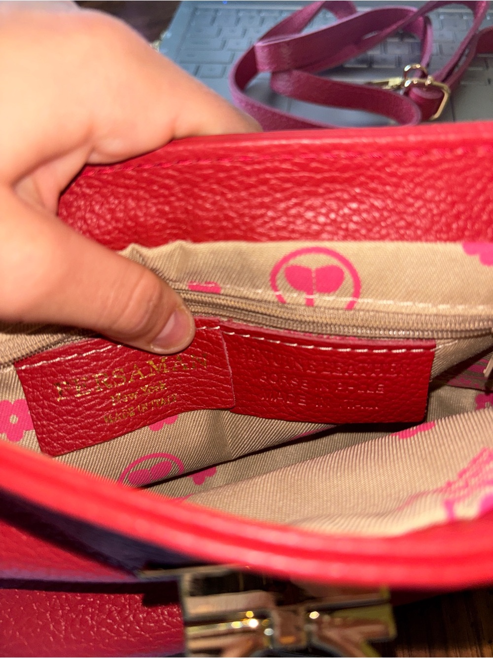 Persaman Red Leather Crossbody Bag with Pink Accents